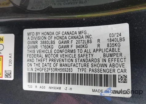 2024 Honda Civic Sport из США, поврежденный, VIN 2HGFE2F53RH569283